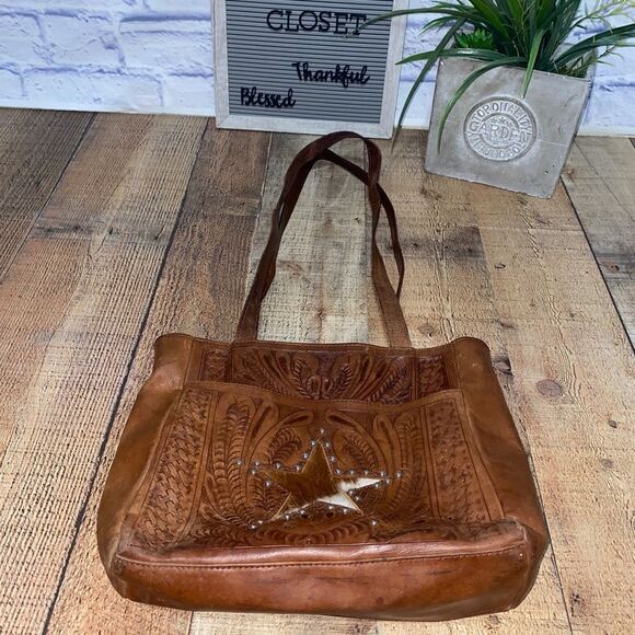 Texian Leathers tooled leather studded pony hair fur shoulder bag purse brown - Picture 12 of 13